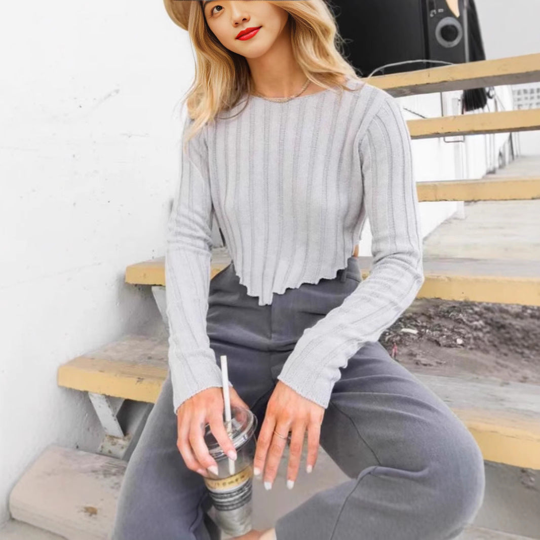 Spring Top Women Clothing Loose Rib Long Sleeves Cropped Short Sweater Women