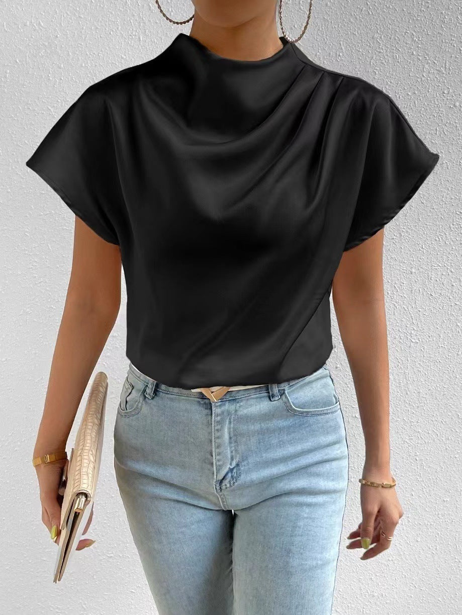 Round Neck Short Sleeve Left Shoulder Pleated T shirt Satin Women Top