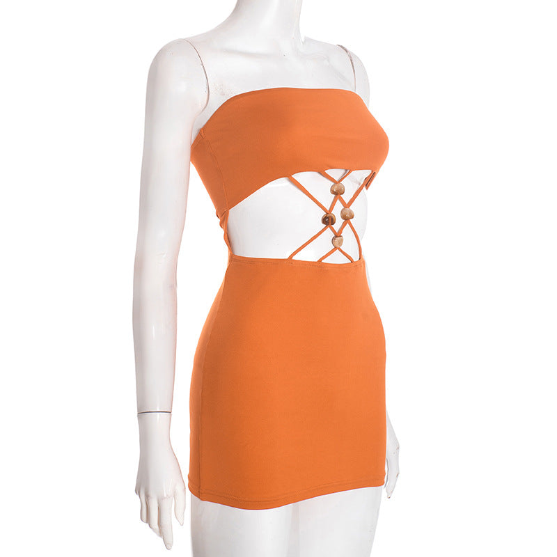 Women Clothing Spring Sexy Package Hip Hollow Out Cutout out Strap Tube Top Short Sleeveless Dress