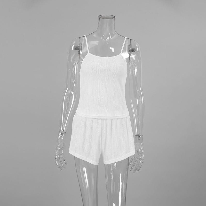 Summer Sexy Knitted Suspender Shorts Ladies Homewear Jacquard White Cool Pajamas Two Piece Set