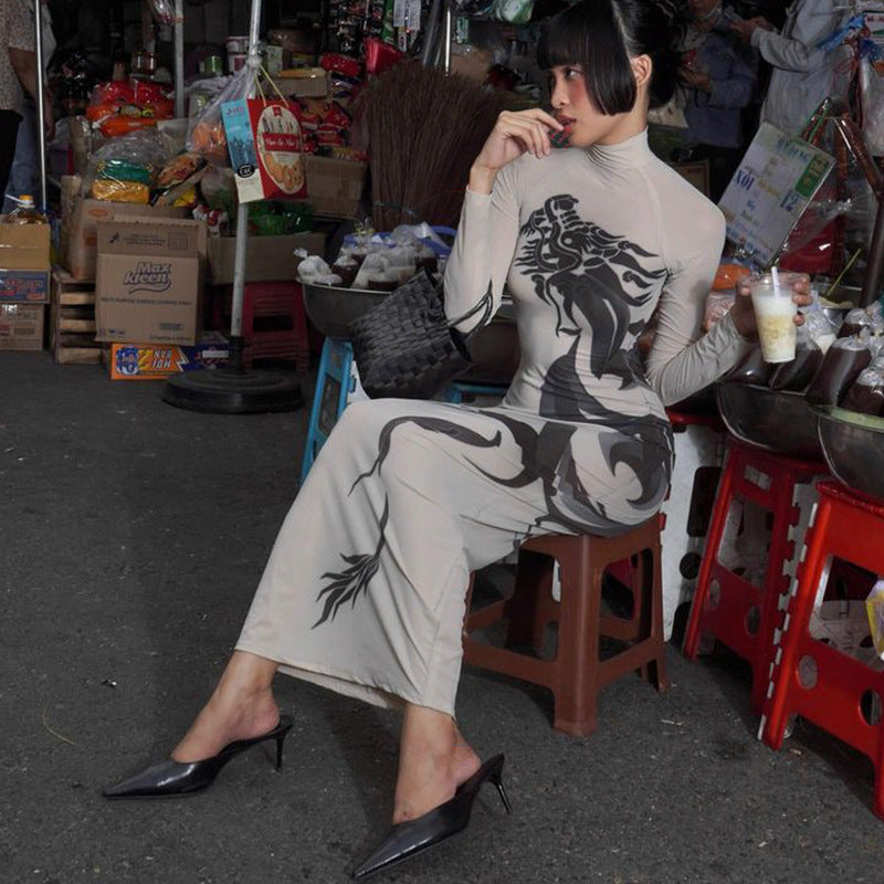 Summer Women Elegant Street Round Neck Long Sleeve Dragon Print Cool Handsome Slim Fit Elegant Hip Dress