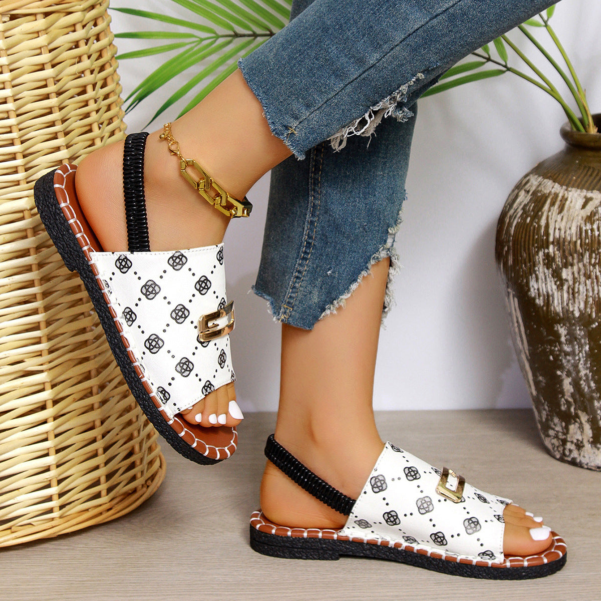 Elastic Band Flat Sandals Women's Cloth Buckle Open Toe Beach Slippers