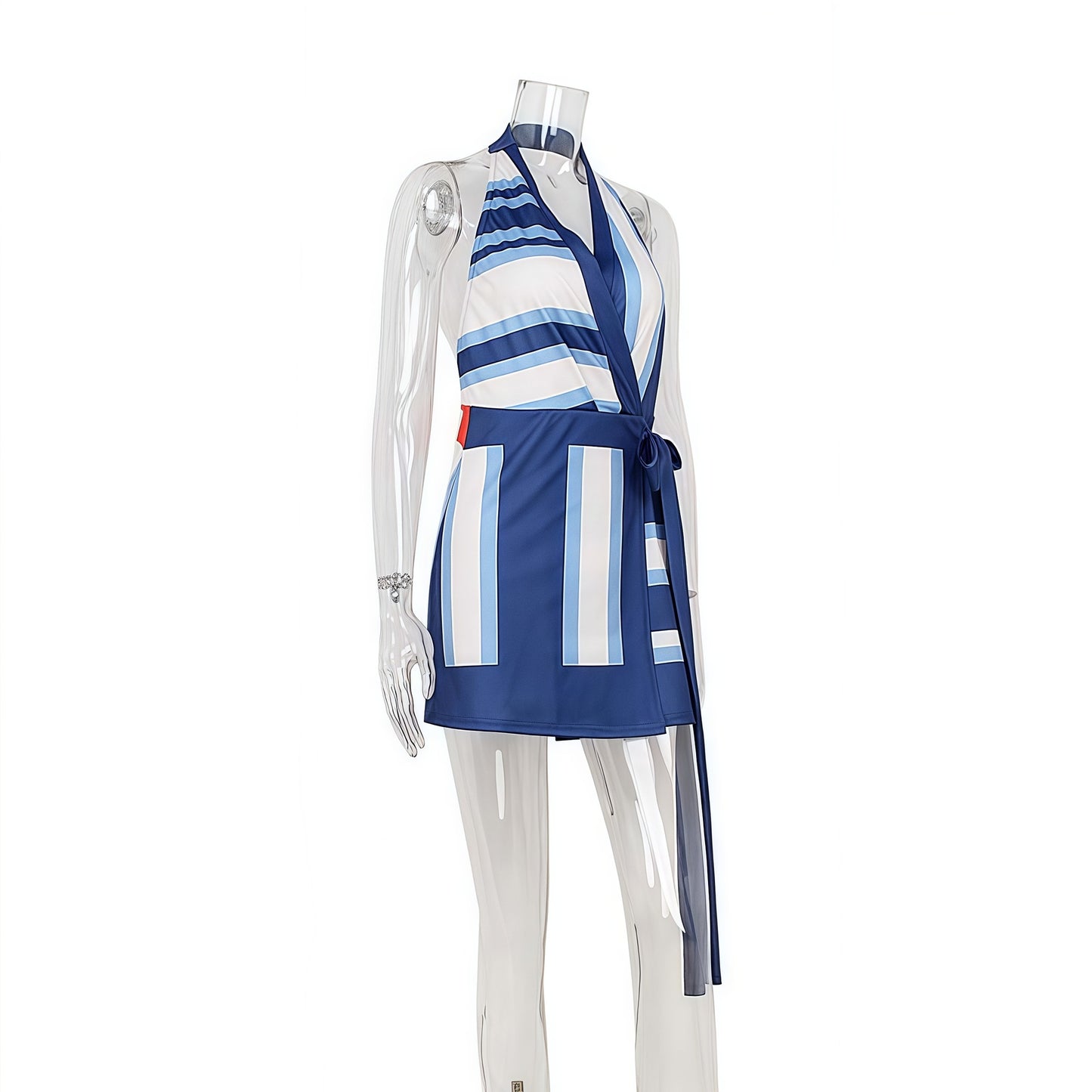 Summer Halter Backless Vacation Waist Controlled Halter Contrasting Color Dress Women