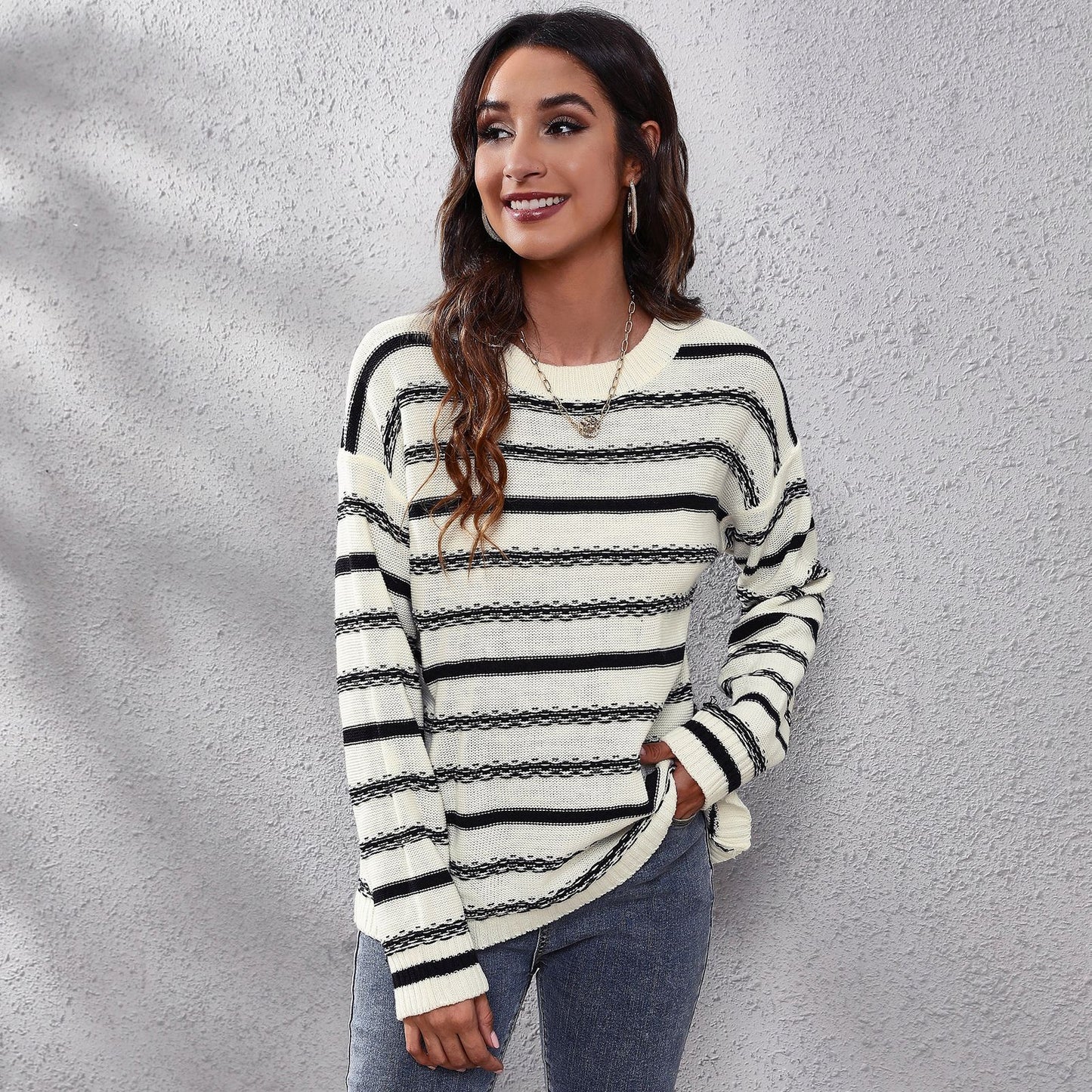 Striped Long Sleeved Sweater Women Loose Autumn Winter Knitwear Women Clothing Sweater