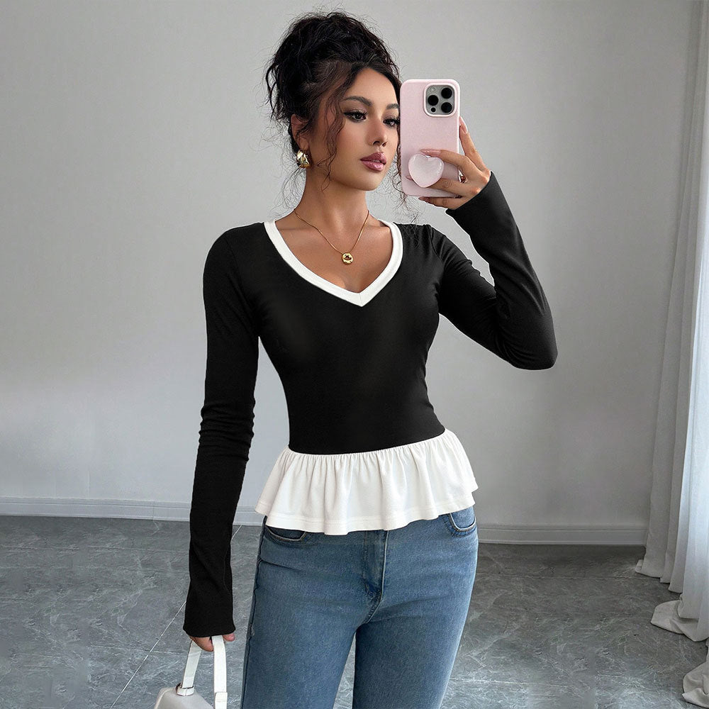 Autumn Winter Contrast Color Stitching Faux Two Pieces Lace Long Sleeved Top Slim Fit round Neck Base T shirt