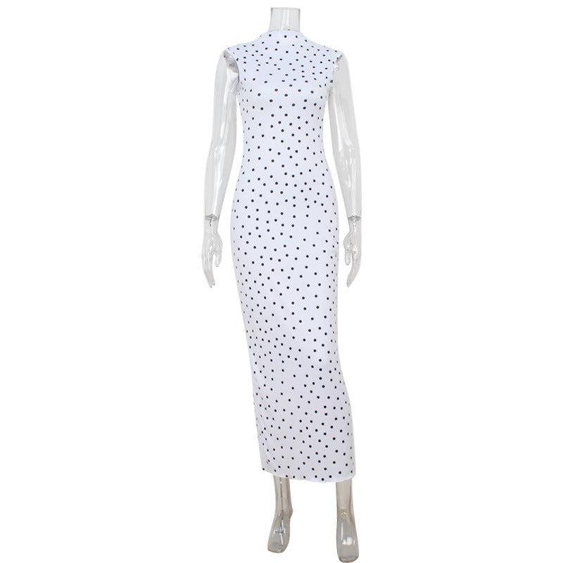 Women Clothing French Classical Cheongsam Slim round Neck Sleeveless Slimming Polka Dot Print Dress Women