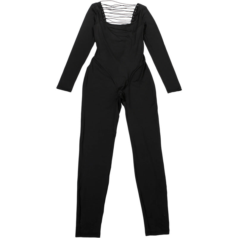 Women Clothing Autumn Winter Sexy U Collar Backless Lace up Long Sleeve Solid Color Hip Lifting Jumpsuit