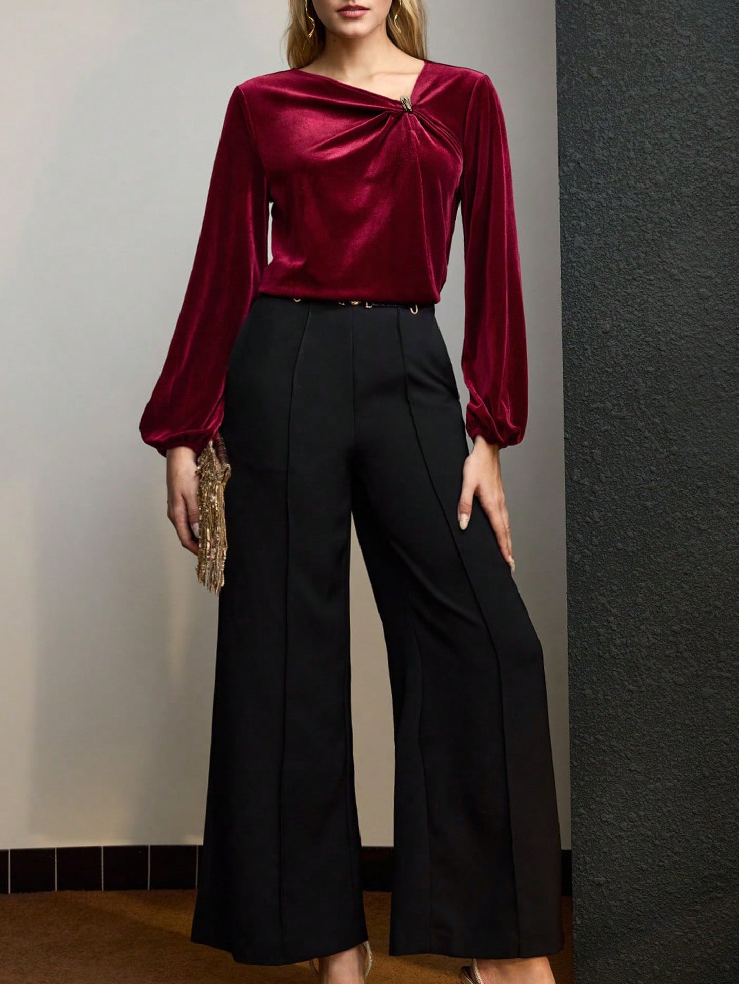 Women Clothing Autumn Velvet Pleated Long Sleeved Shirt Twisted Shoulder Collar Shirt