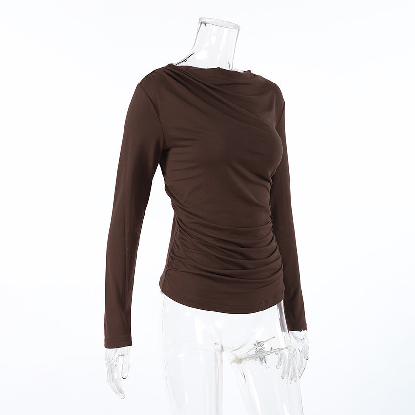 Autumn Arrival Pleating Niche Slim Waist Tight Sexy Long Sleeve Bottoming Shirt for Women