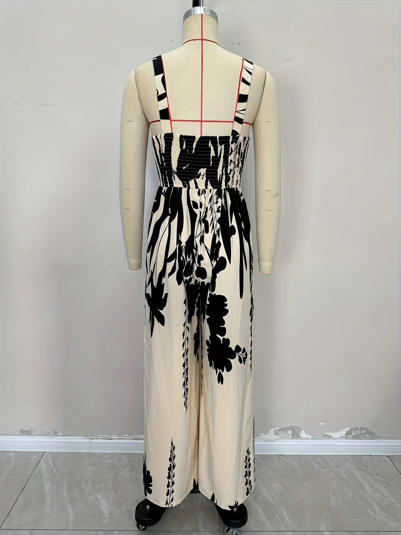 Ethnic Print Smocking Waist Tight Jumpsuit Twist Design Casual Vacation Women Jumpsuit