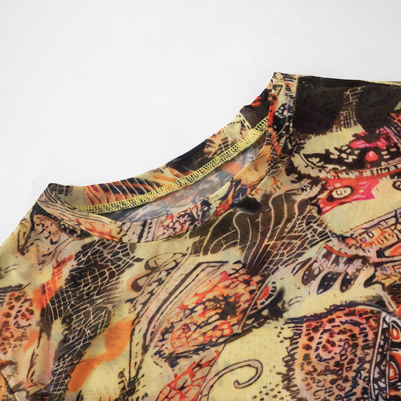 Slim Fit Sexy Printed Mesh See Through Cropped Short Long Sleeve Top Trousers Suit