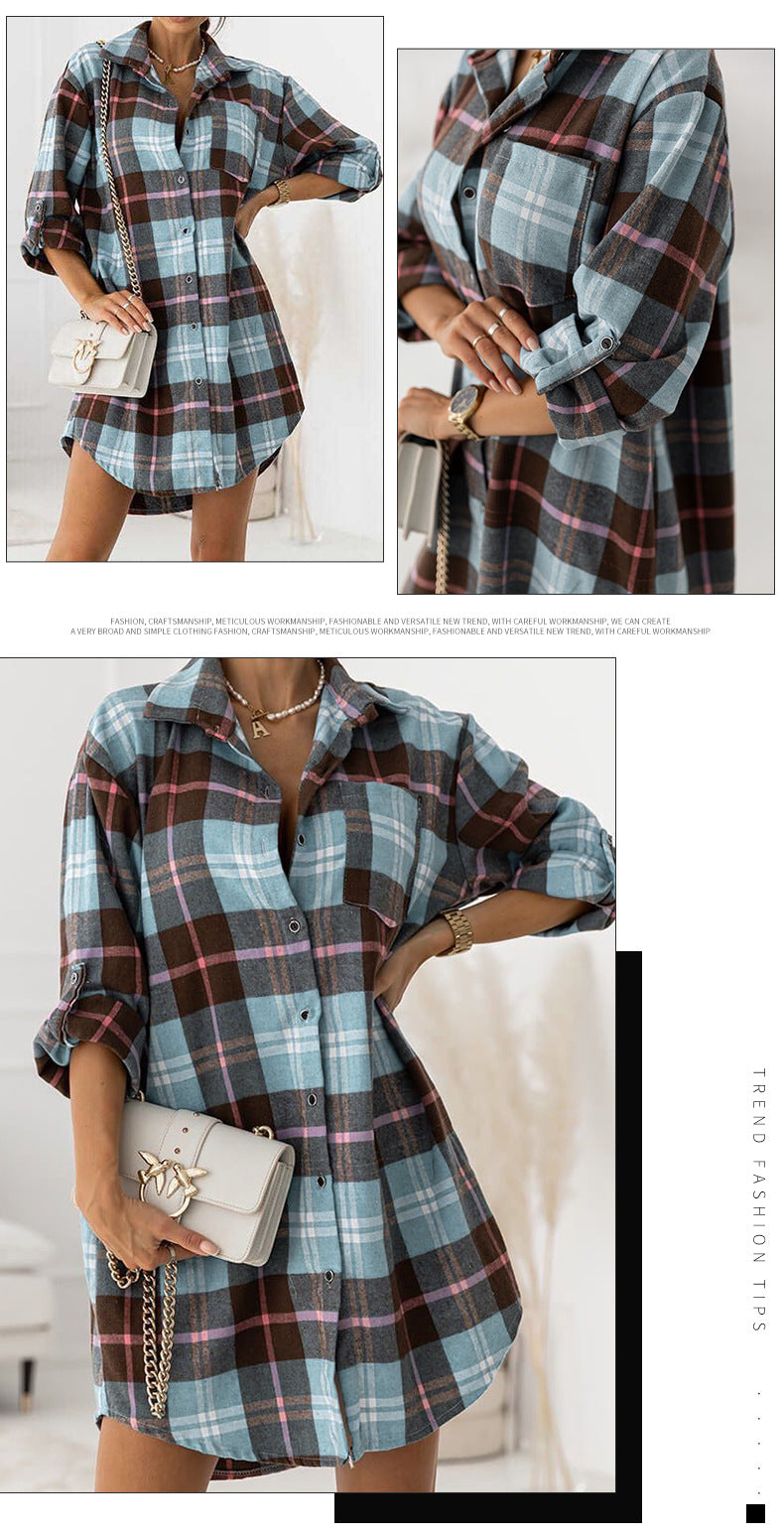 Summer Office Long Sleeved Blue Age Reducing Collared Cotton Single Breasted Japanese Plaid Shirt Outerwear