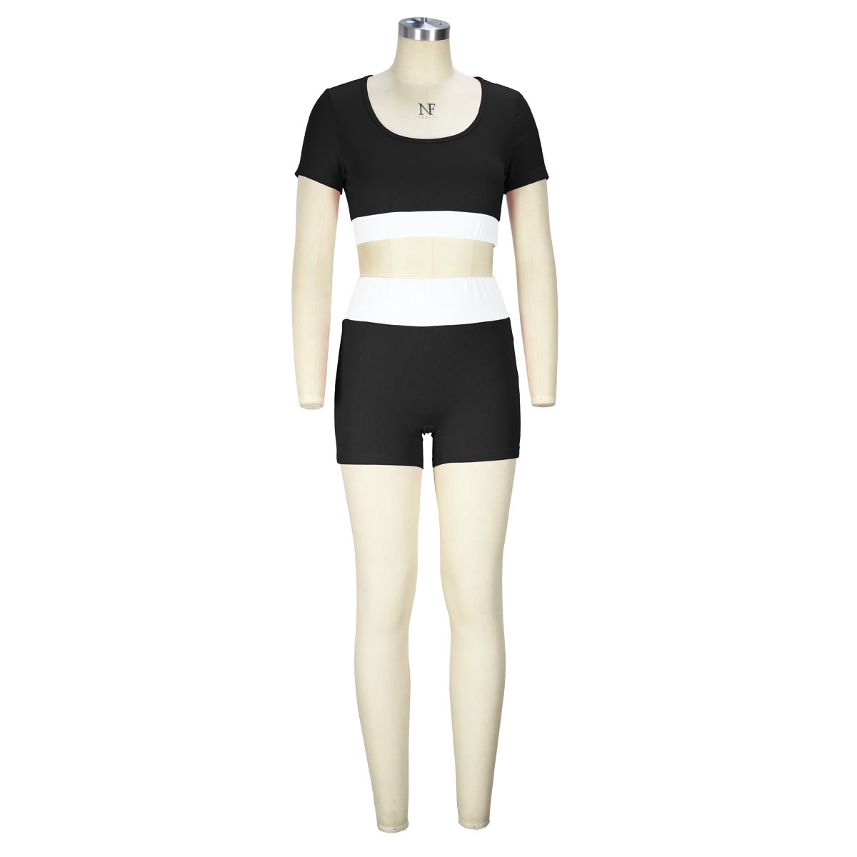 Summer Women Clothing Contrast Color U Neck Short Sleeved Shorts Two Piece Set Sexy Cropped Yoga Suit