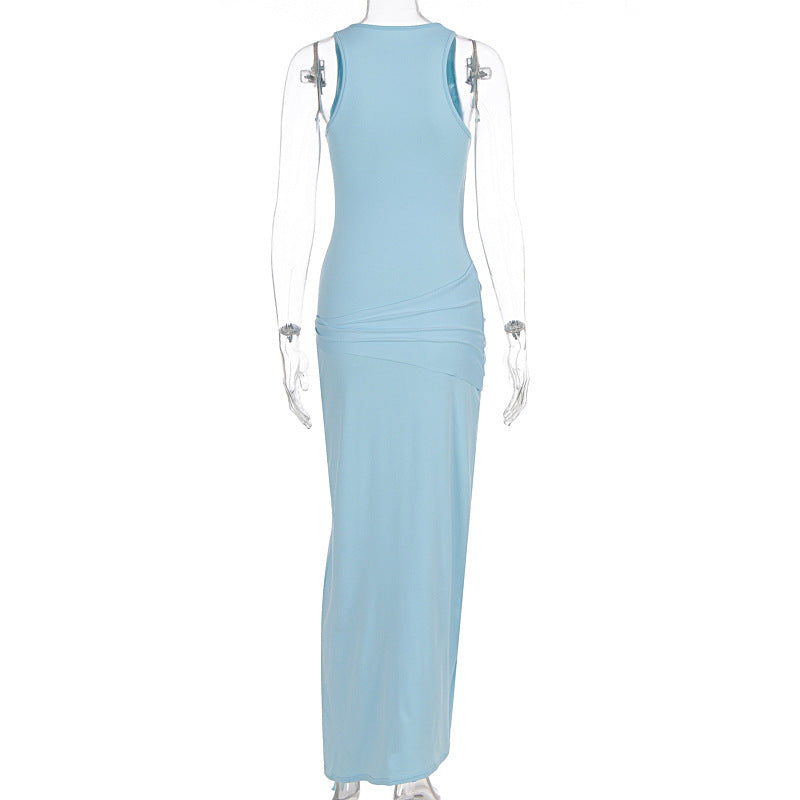 Summer Women Dress Solid Color round Neck Slim Dress