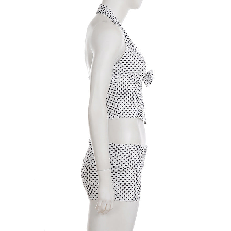 Printed Polka Dot Three Dimensional Floral Two Piece Sets Sexy Sexy Halter Vest Waist Shorts