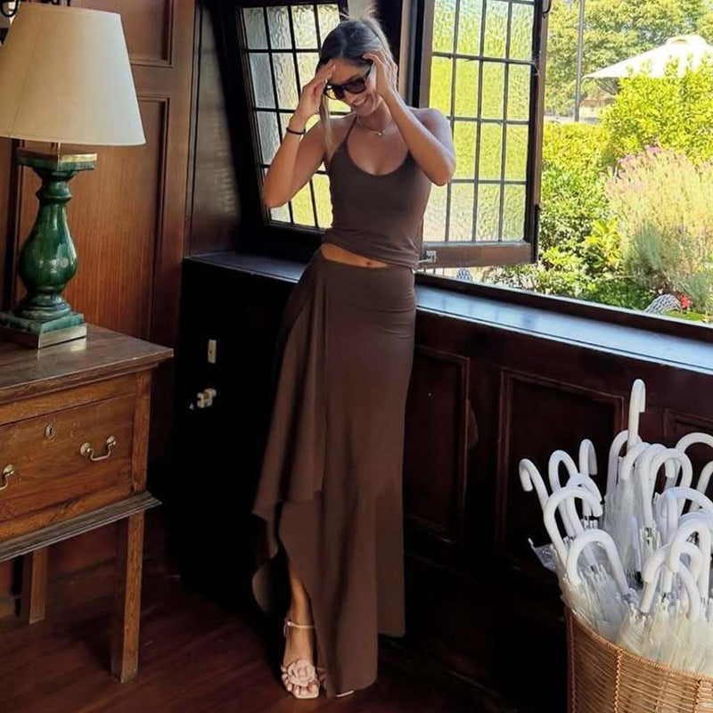 Autumn Close Fitting Sexy Halter Small Sling Irregular Asymmetric Solid Color Maxi Dress Two Piece Sets Women