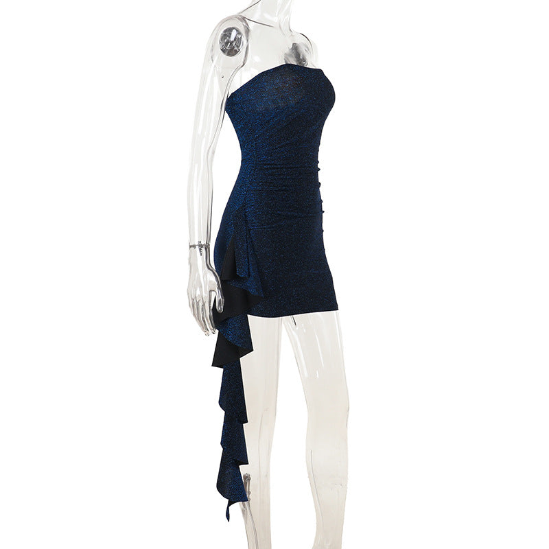 Autumn Dress Socialite Elegant Sexy Slim Fit Shiny Tube Top Ribbon Dress
