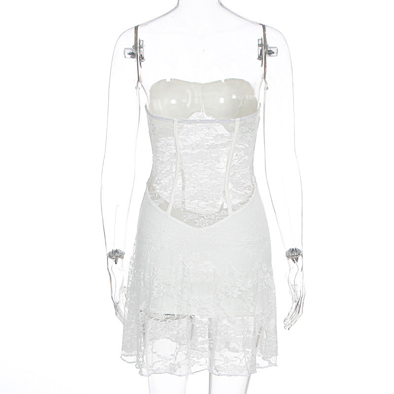 Summer Women Sexy Lace Stitching Tube Top Slim Fit See through Dress