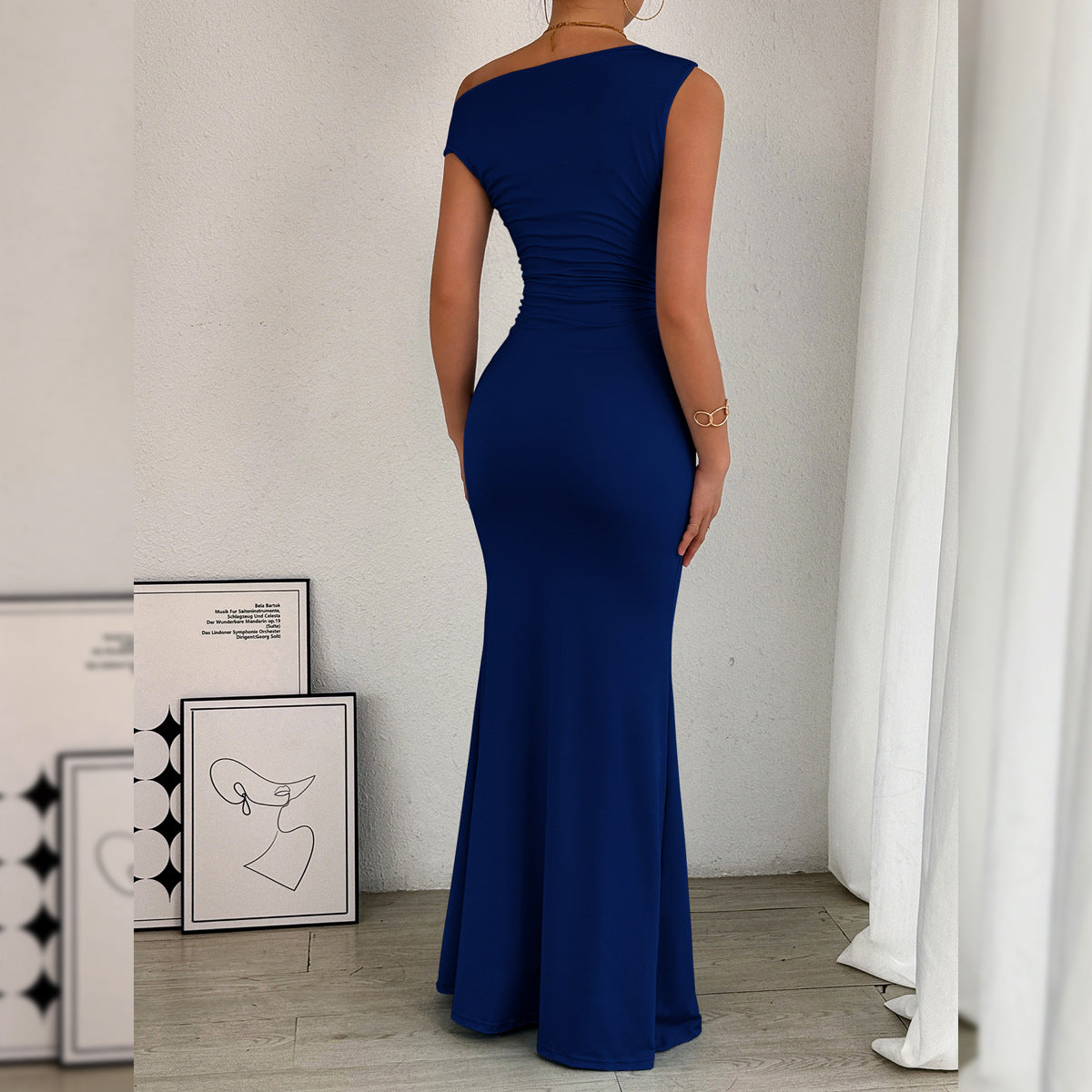 Women Fishtail Dress Slant Shoulder Collar Waist Pleated Sleeveless Sexy Dress