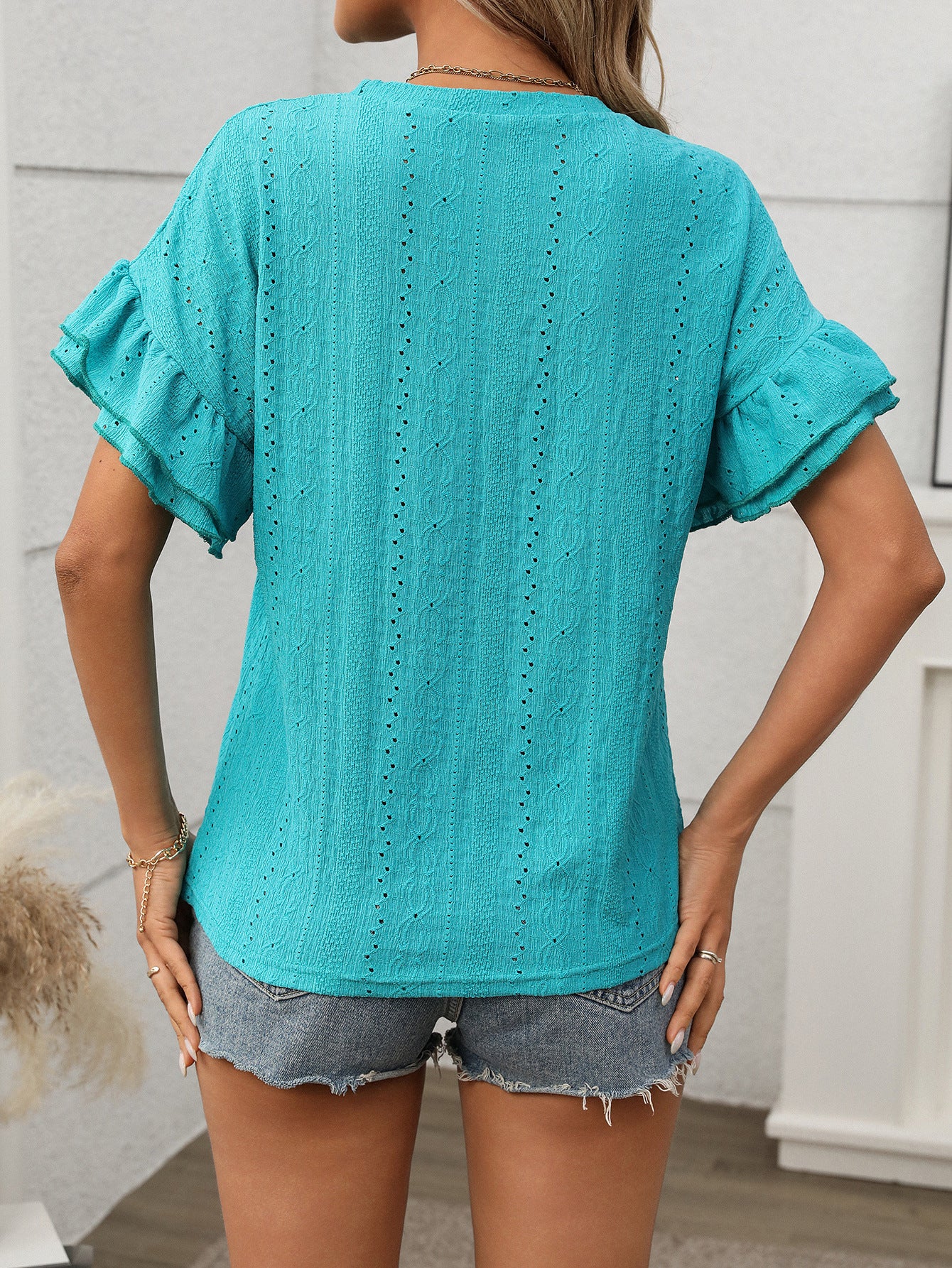 Women Clothing Summer Solid Color round Neck Ruffle Sleeve Short Sleeve T shirt Top