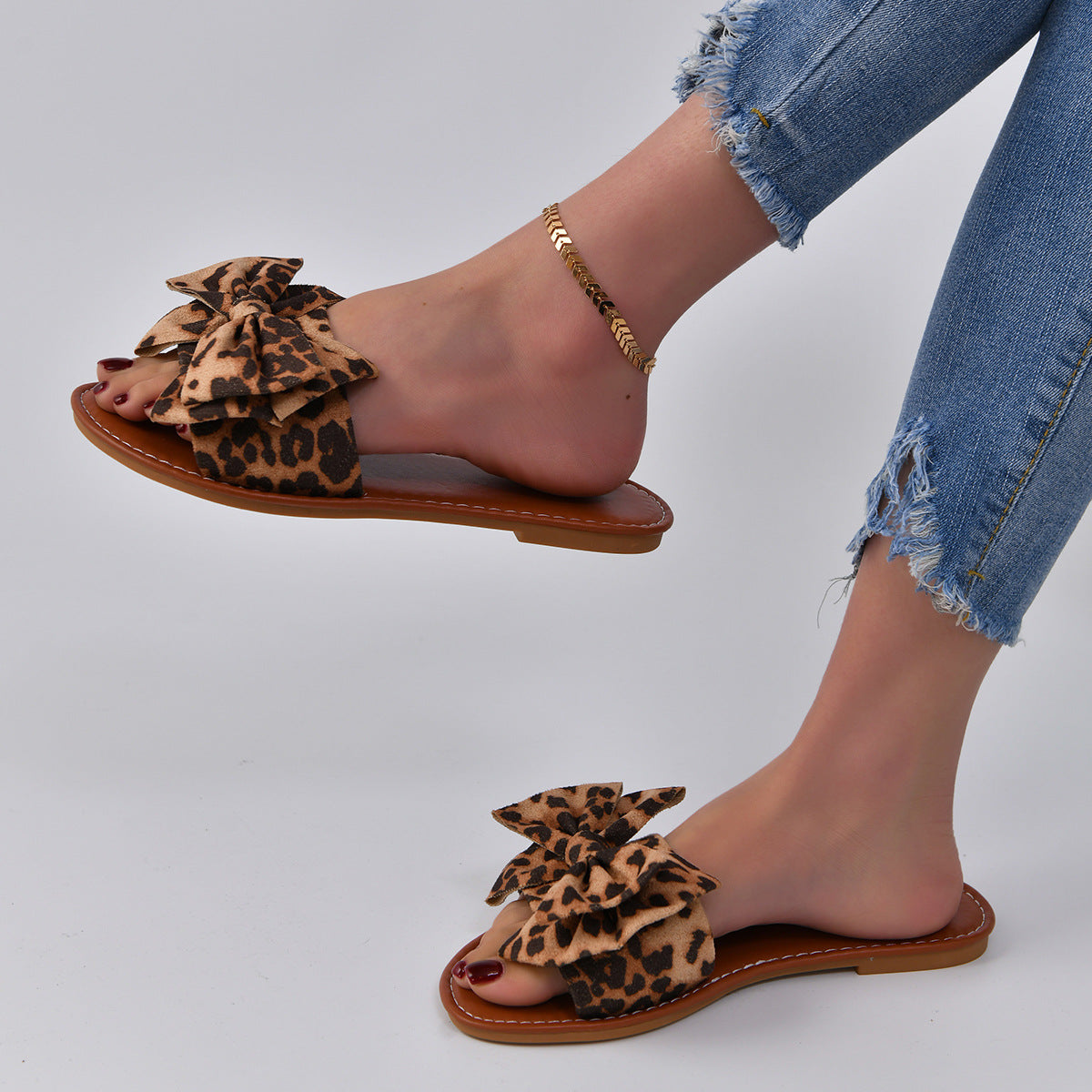 Leopard Bow Slippers Women Lightweight Flat Vacation Beach Sandals