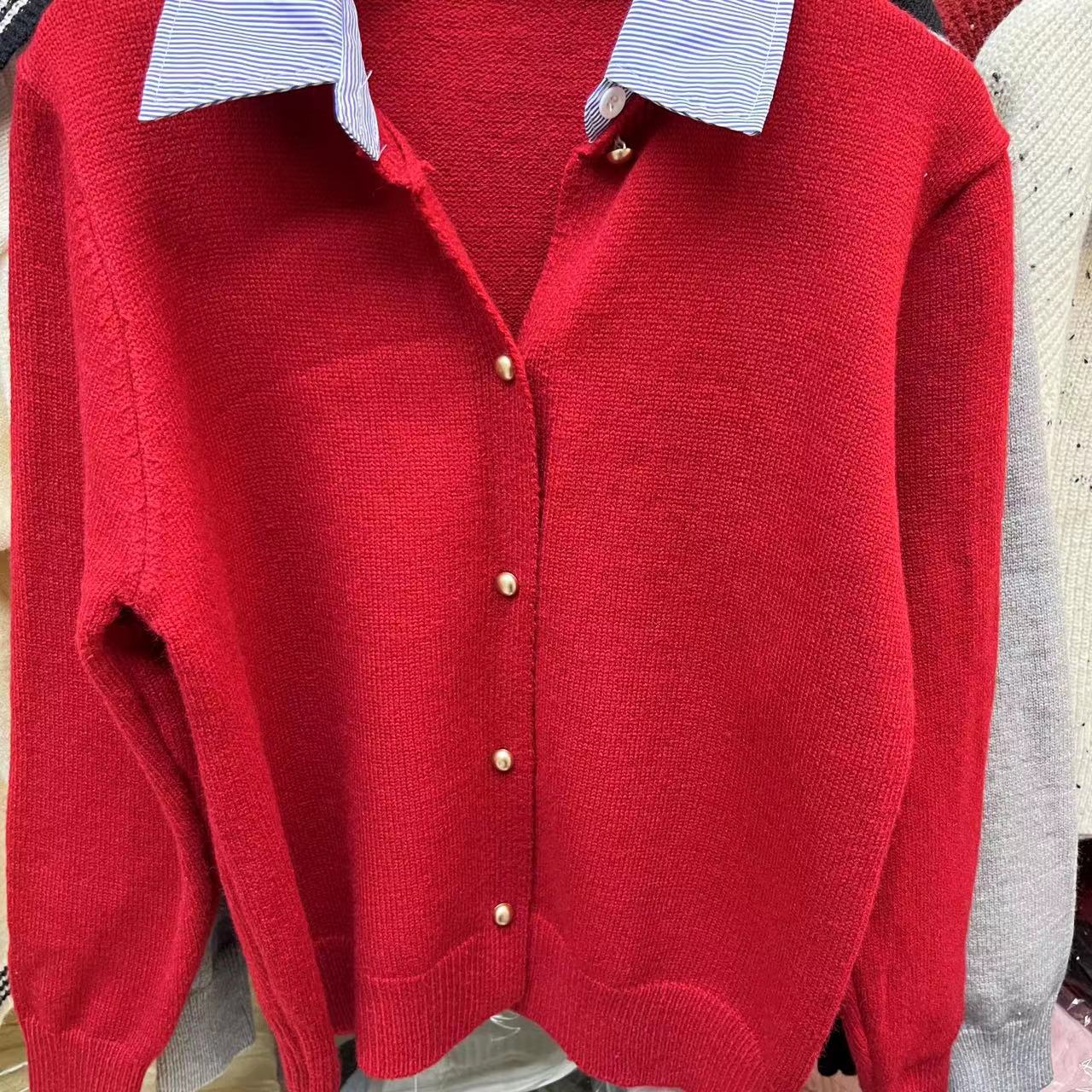 Spring Faux Two Piece Knitted Cardigan Sweater for Women Office Korean Shirt Collar Single Breasted Cardigan for Women