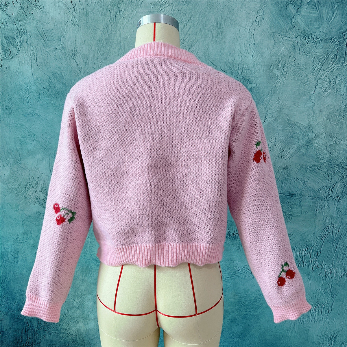 Autumn Winter Small Coat Single-Breasted Long Sleeve Short Sweater Cardigan for Women Sweet Cute Cherry Pattern