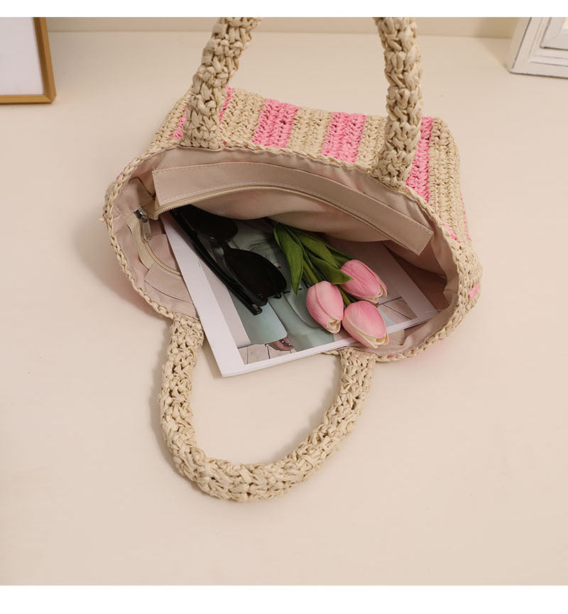 Vertical Stripes French Straw Bag Portable Contrast Color Straw Bag Woven Bag Women's Bag Seaside Vacation Beach Bag