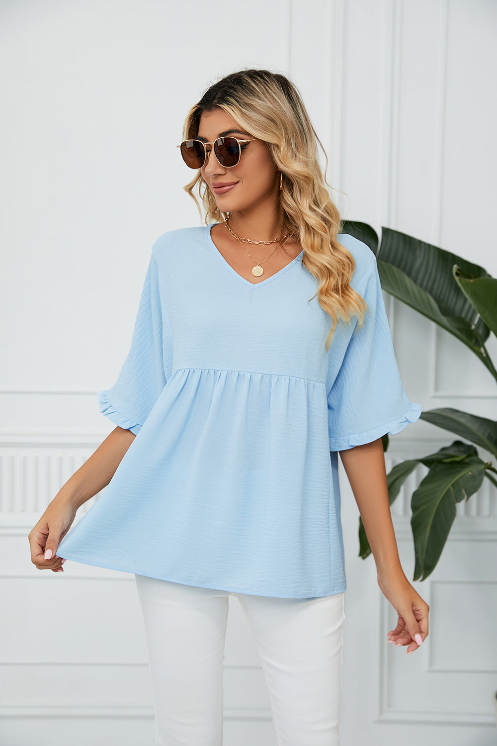Summer Solid Color V-neck Loose Pleated Stitching Half Sleeve Chiffon Blouses for Women