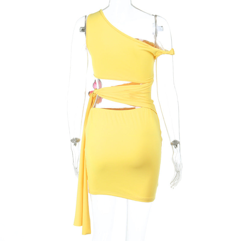 Shoulder Hollow Out Cutout out Strap Butterfly Decoration Dress Summer Solid Color Hip Dress