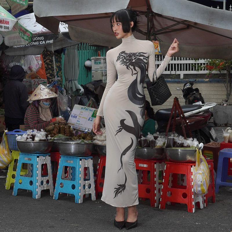 Summer Women Elegant Street Round Neck Long Sleeve Dragon Print Cool Handsome Slim Fit Elegant Hip Dress