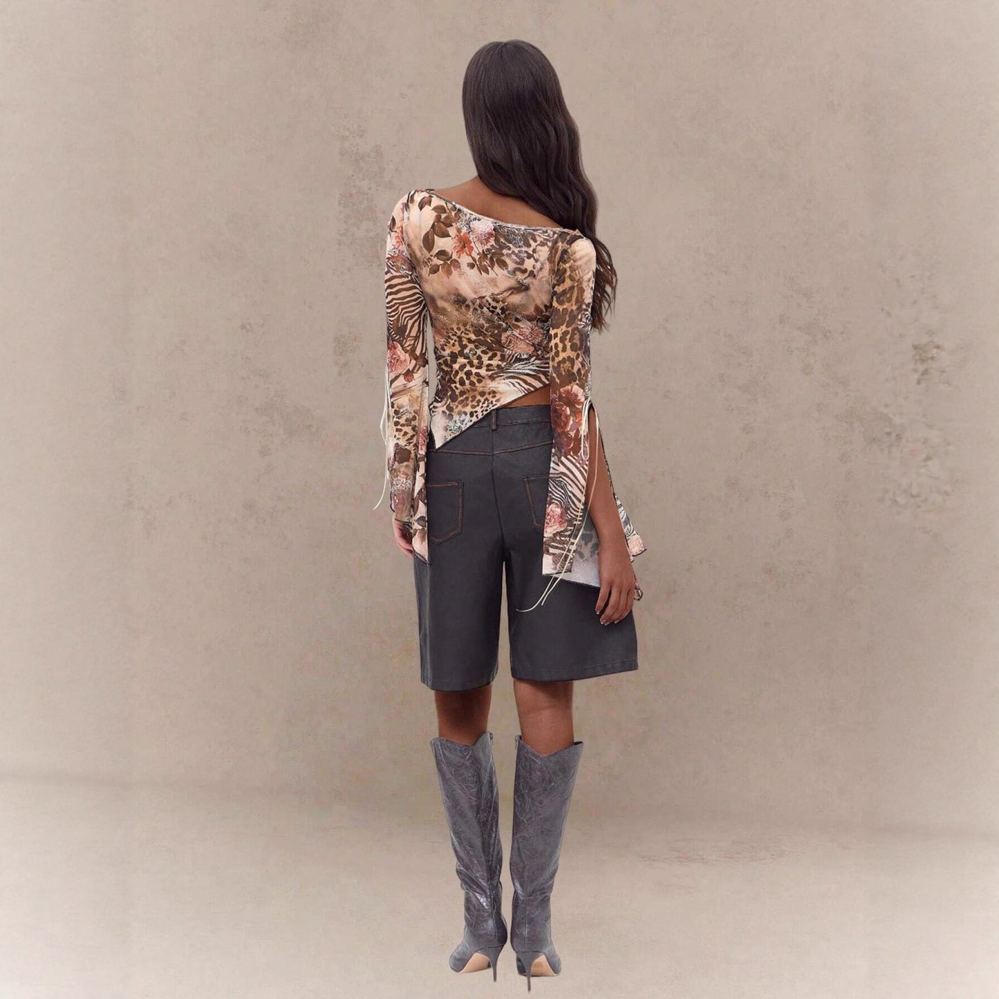 Women Top Autumn Winter off Shoulder Floral Floral Print Slit Flared Long Sleeve Irregular Asymmetric