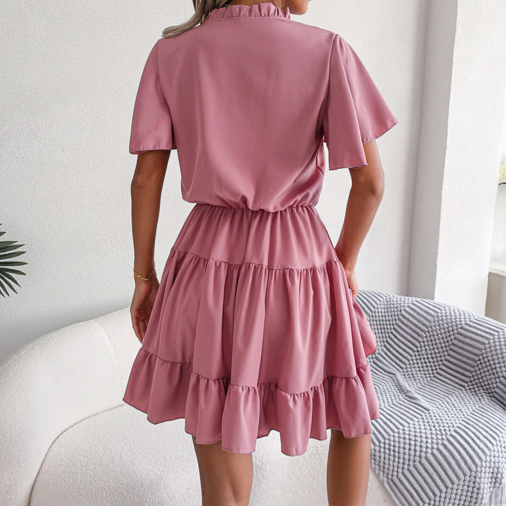 Spring Summer Flounced Ribbon Big Hem A- line Solid Color Dress Women Clothing
