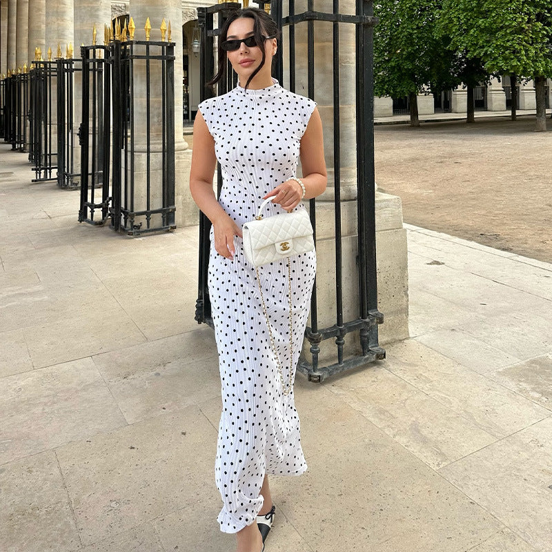 Women Clothing French Classical Cheongsam Slim round Neck Sleeveless Slimming Polka Dot Print Dress Women