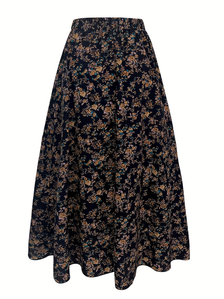 Elastic Waist Print A Line Skirt Women Office Elegant Floral Pleated Skirt Women Clothing Skirts