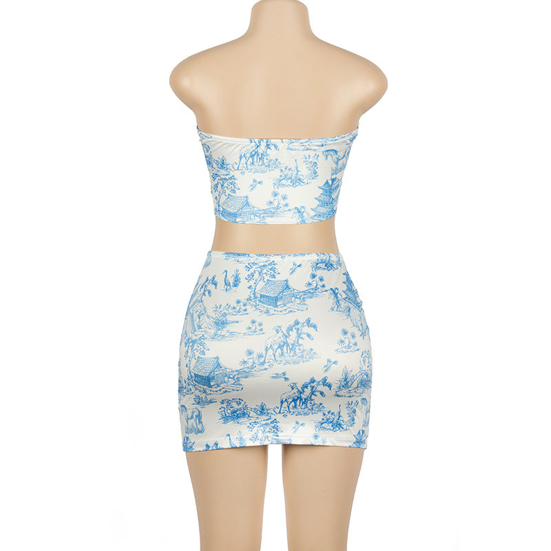 Sexy Summer Sleeveless Printed Tube Top Slim Fit Hip Wrapped Short Skirt Women Suit