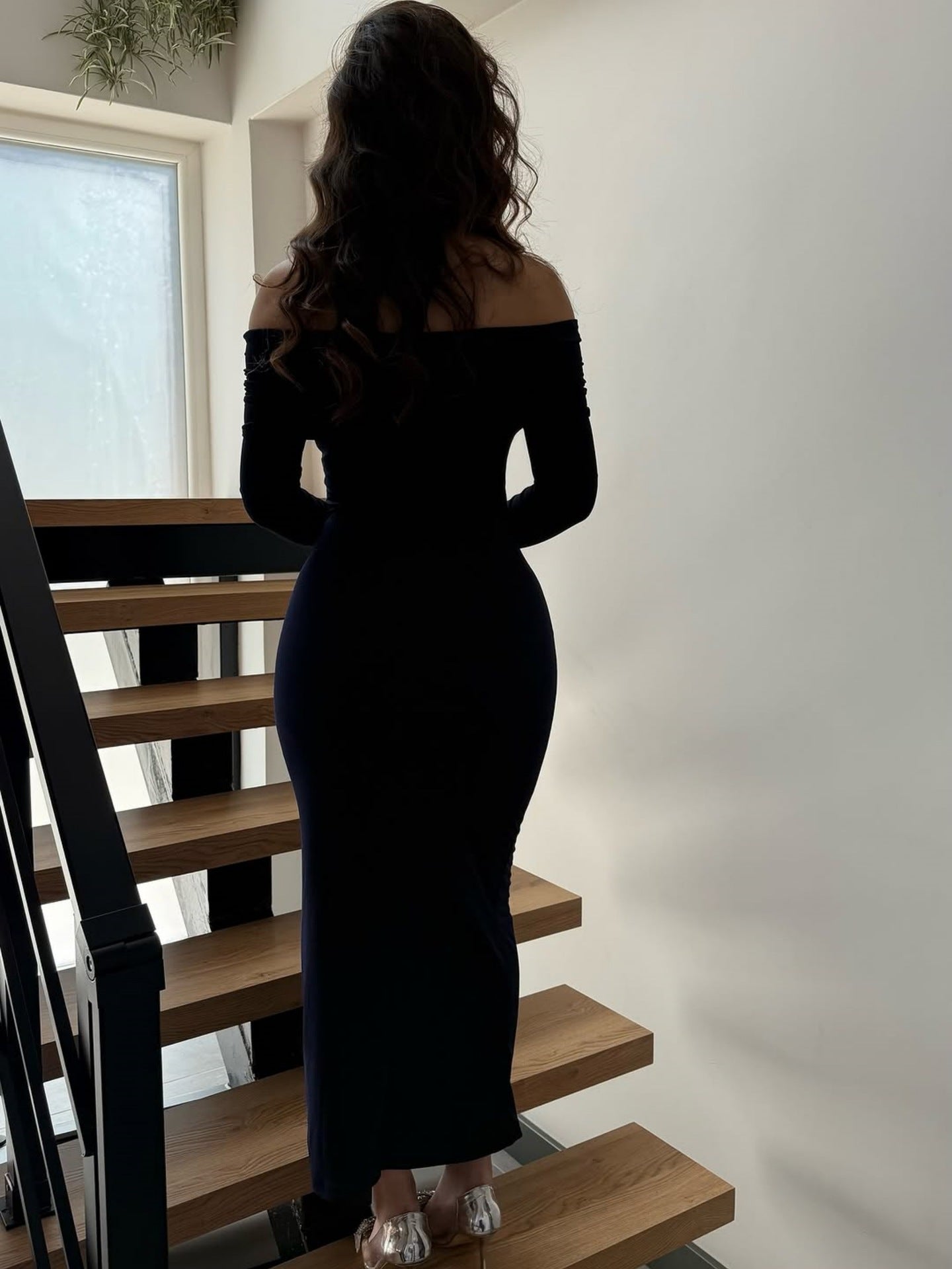 Women Clothing Fall Sexy Tube Top off Neck Solid Color Midi Dress