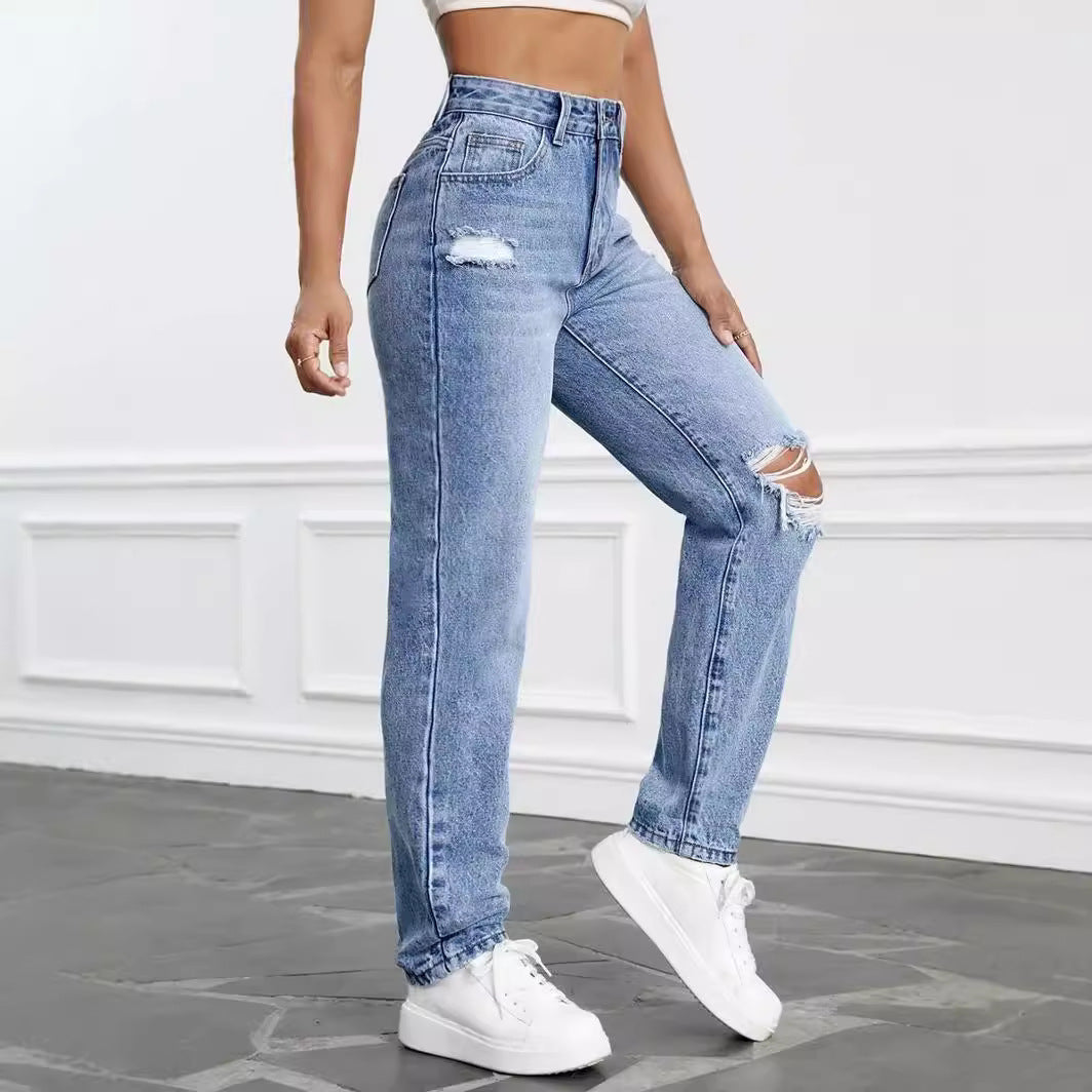 Women Clothing Jeans High Waist Loose Hole Straight Leg Pants