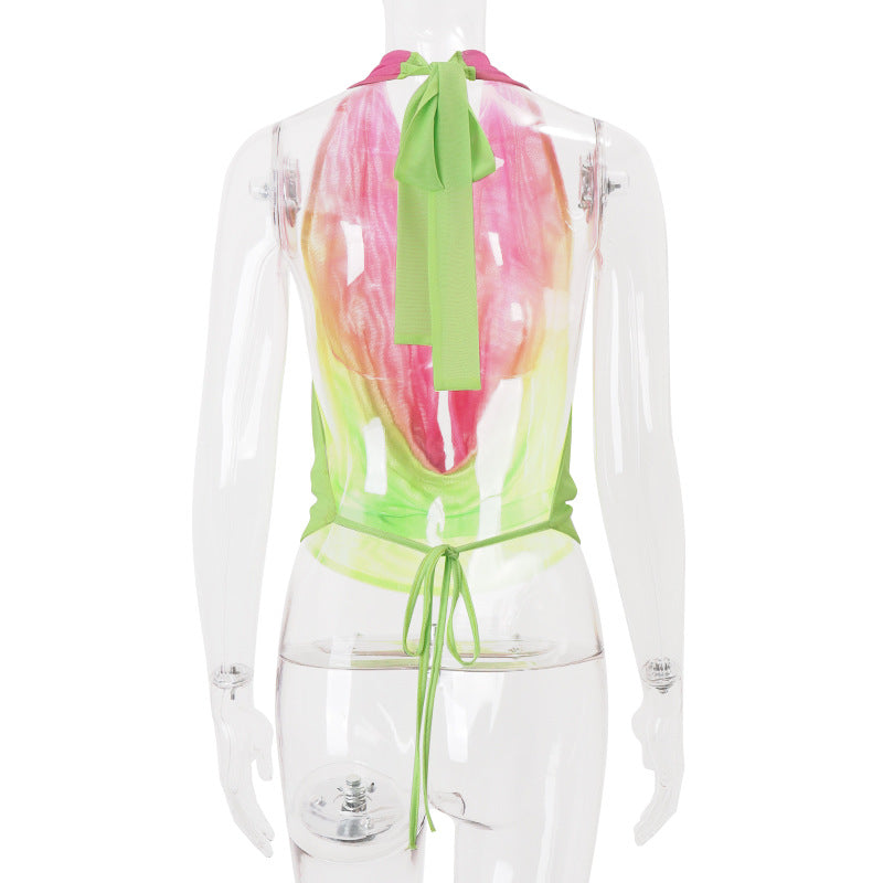 Women Clothing Summer Sexy Halter Swing Collar Gradient Multicolor Vest Mini Hip Bag Skirt Two Piece Sets