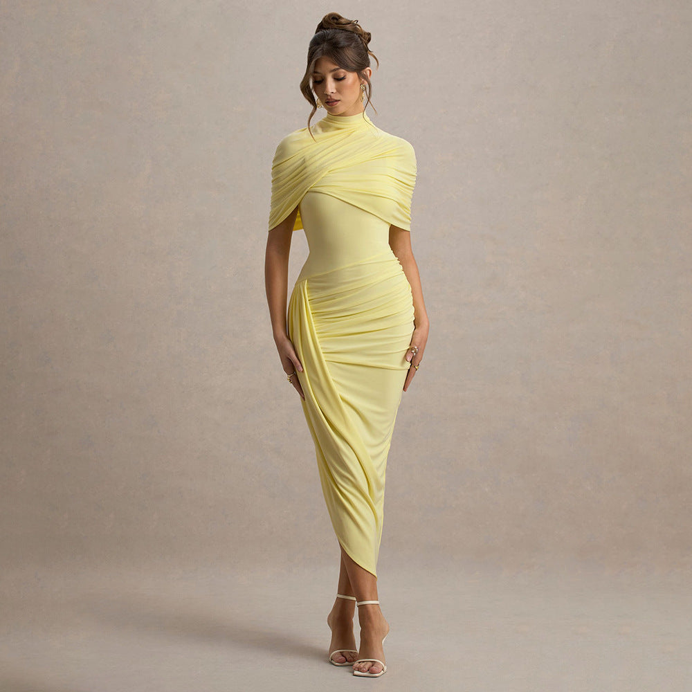Elegant Slim Pleated Dress Sexy Backless Sheath Women Dress
