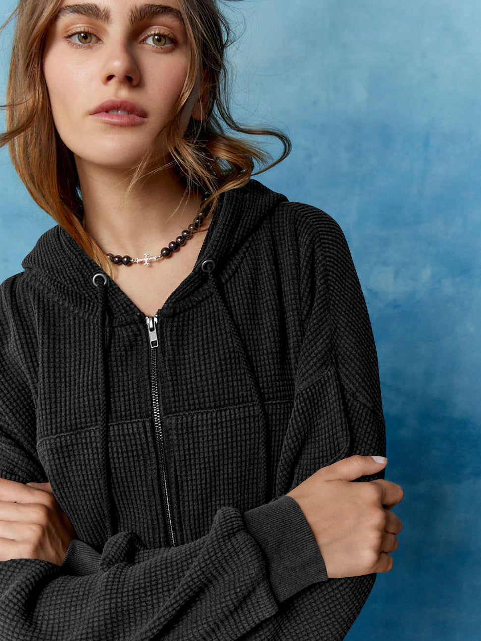 Autumn Casual Sweatshirt Women Slimming Hooded Zip Cardigan Waffle Solid Color Short Coat