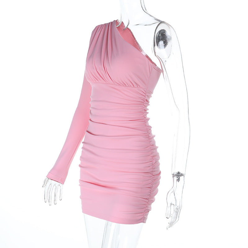 One Shoulder Sexy Backless Long Sleeves Slim Fit Dress Women Sexy Hip Dress