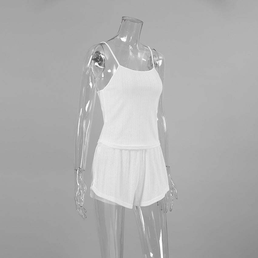 Summer Sexy Knitted Suspender Shorts Ladies Homewear Jacquard White Cool Pajamas Two Piece Set