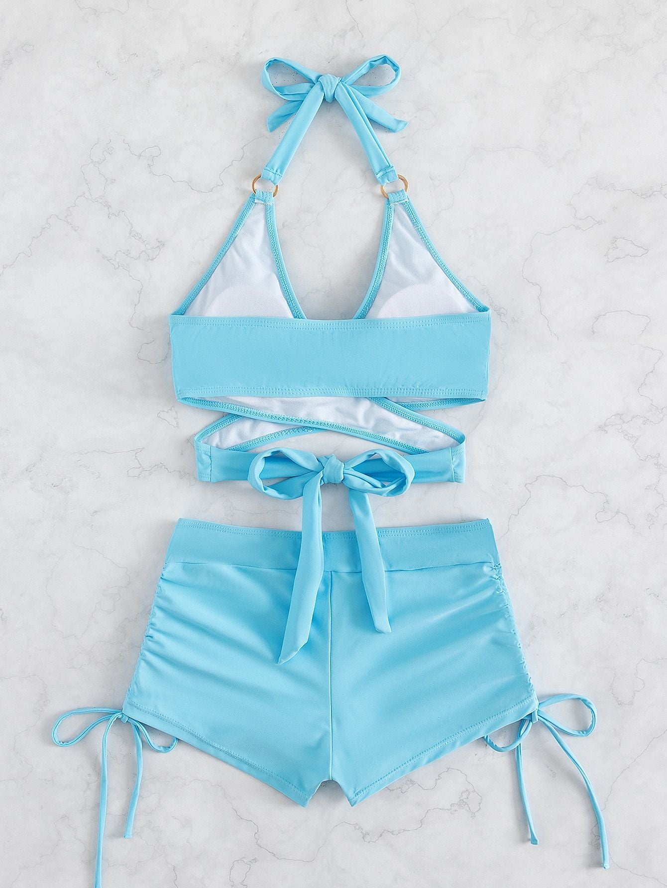 Summer Split Swimsuit Women Solid Color Multi Color Hollow Out Cutout out Halter Tied Swimsuit Bikini