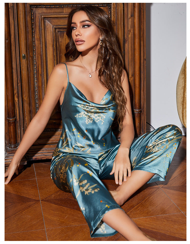 Print Pajamas Suit Spring Summer Strap Trousers Two Piece Summer Thin Ice Silk Home Wear Women