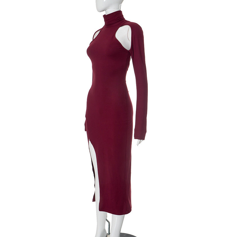 Women Sexy Slim Deep Cerise Hollow Out Cutout Split Mid Length Dress