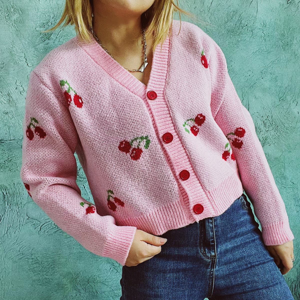 Autumn Winter Small Coat Single-Breasted Long Sleeve Short Sweater Cardigan for Women Sweet Cute Cherry Pattern