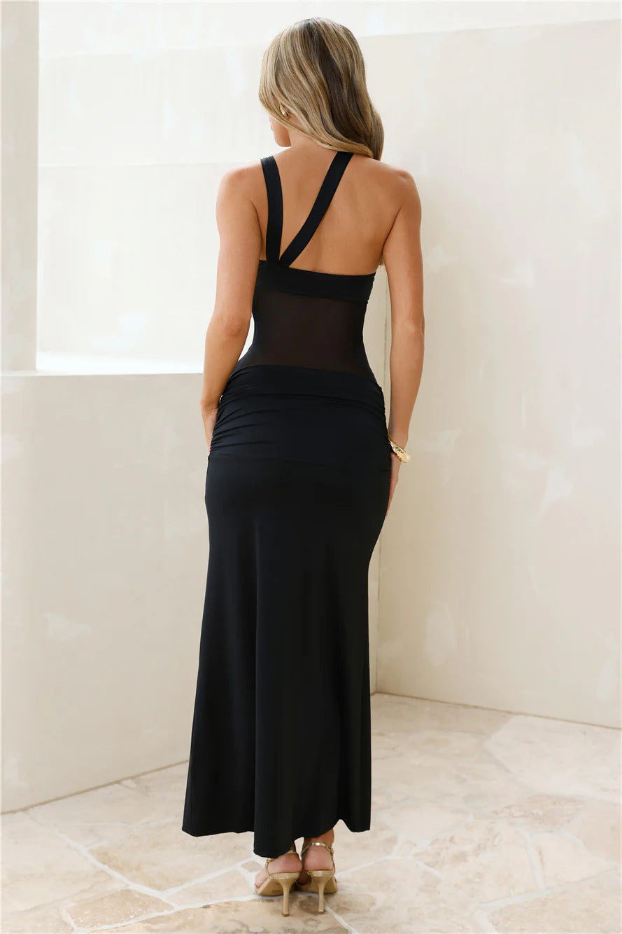 Women Clothing Summer Irregular Asymmetric Shoulder Wrapped Chest Slim Mesh Stitched Backless Niche Dress