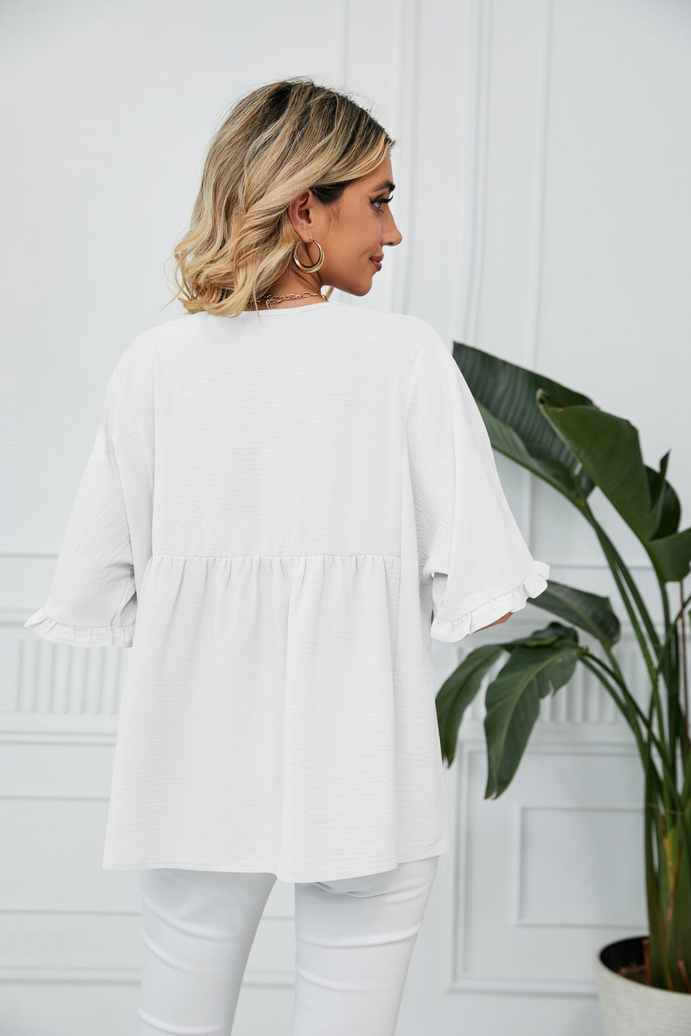 Summer Solid Color V-neck Loose Pleated Stitching Half Sleeve Chiffon Blouses for Women