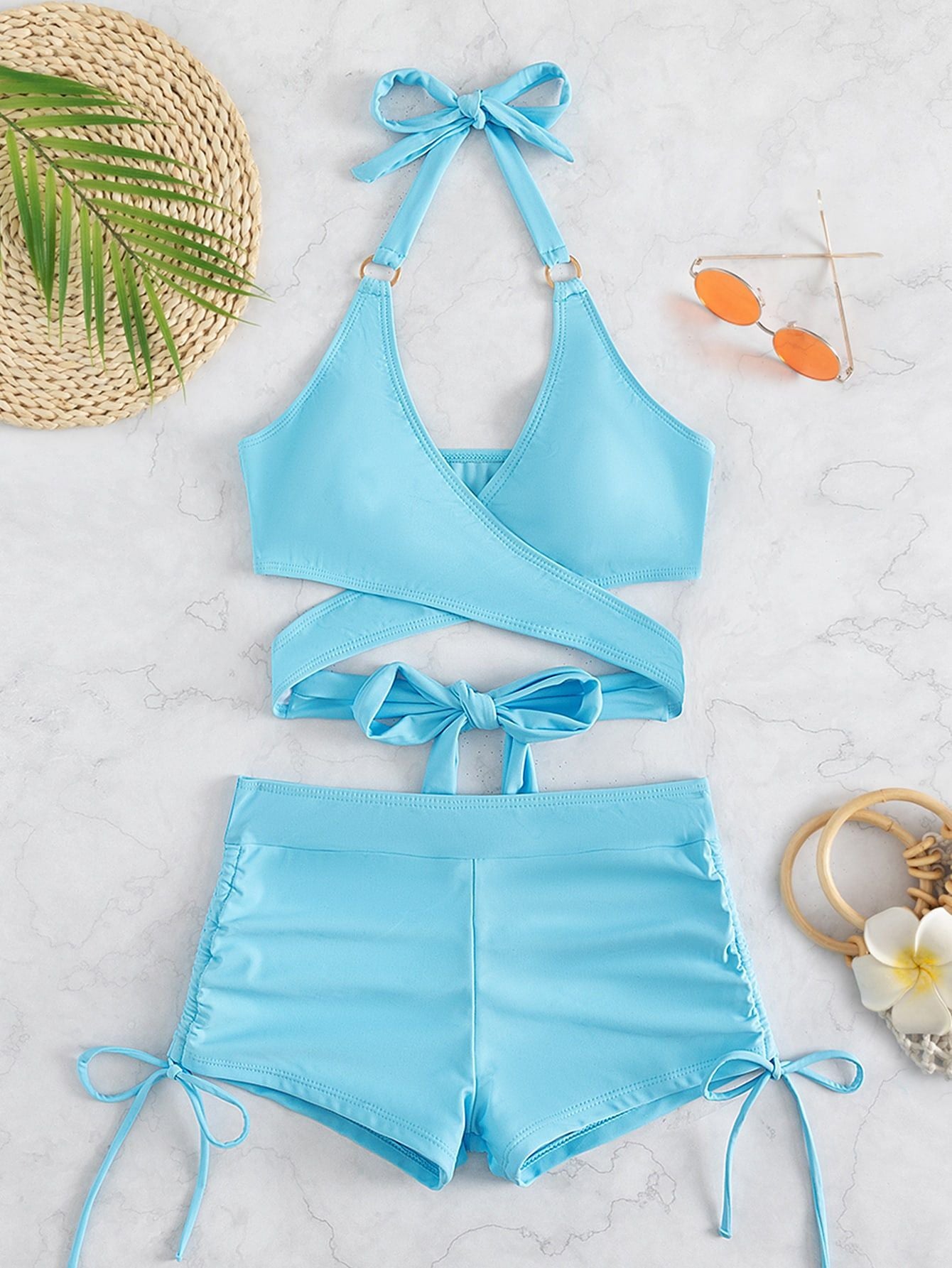Summer Split Swimsuit Women Solid Color Multi Color Hollow Out Cutout out Halter Tied Swimsuit Bikini